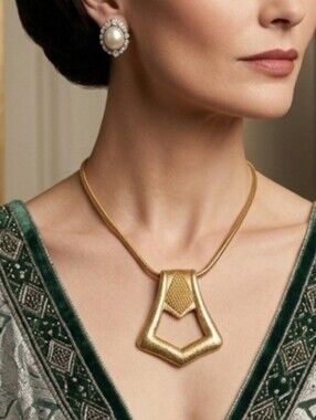 Gold-Tone Textured Geometric Pendant  - Pauline Rader Vintage Statement Jewelry
